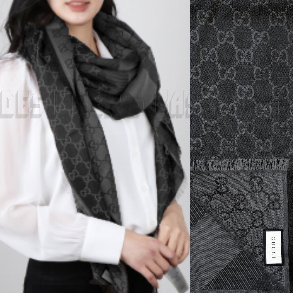 GUCCI charcoal & gray GGWEB giant 55"-square wool/silk pashmina shawl scarf NWT